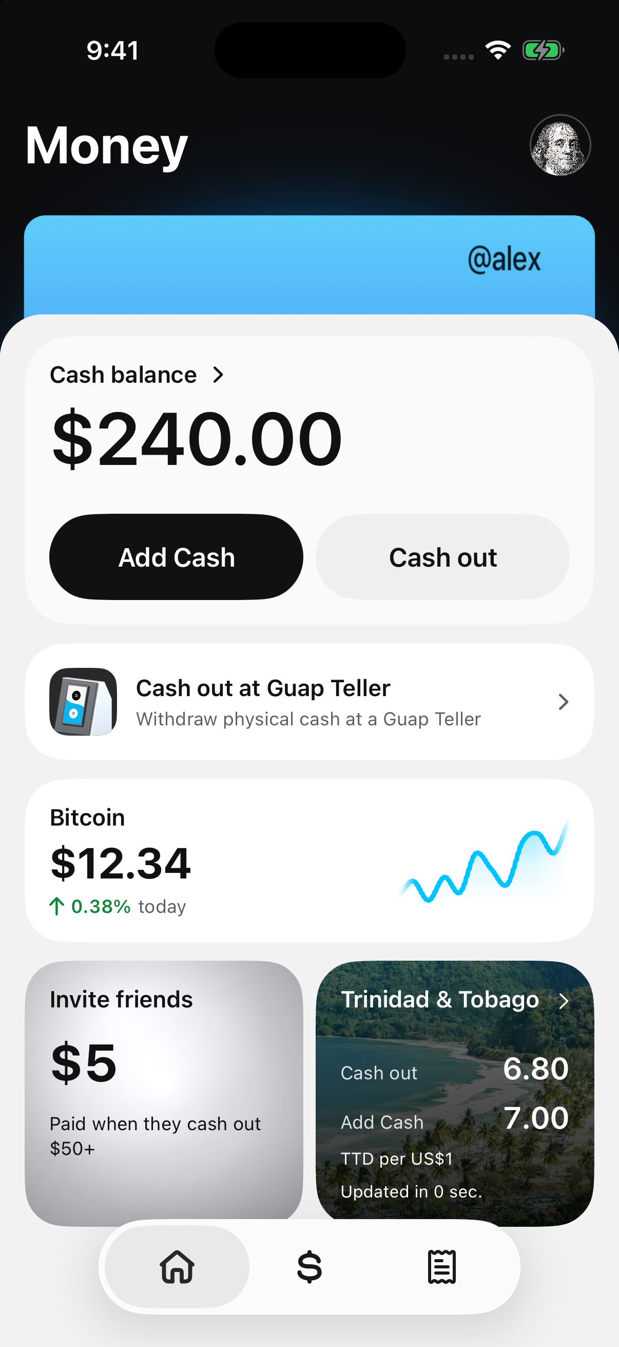 Illustrative Guap Money screen showing a cash balance and access to the Guap Teller