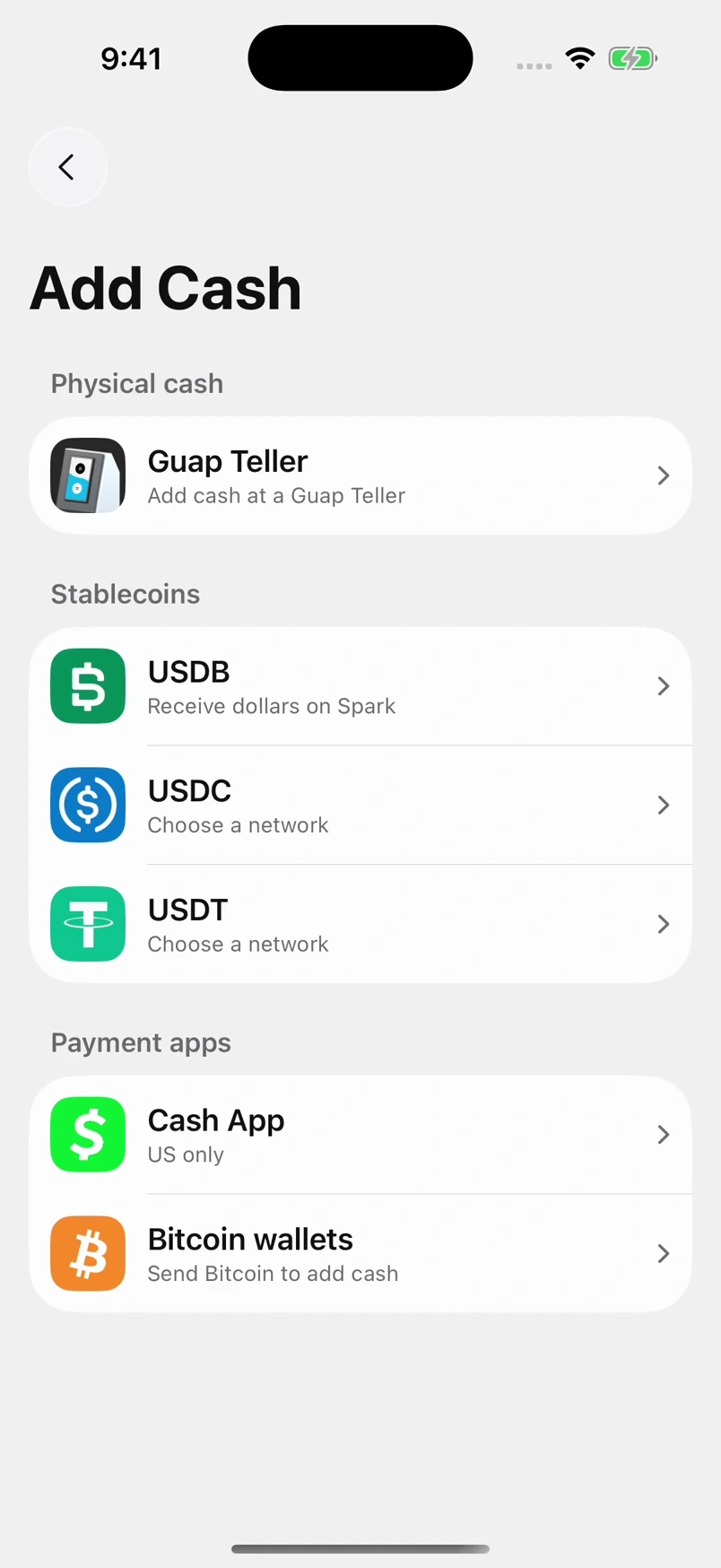 Guap’s Add Cash screen showing supported receiving methods