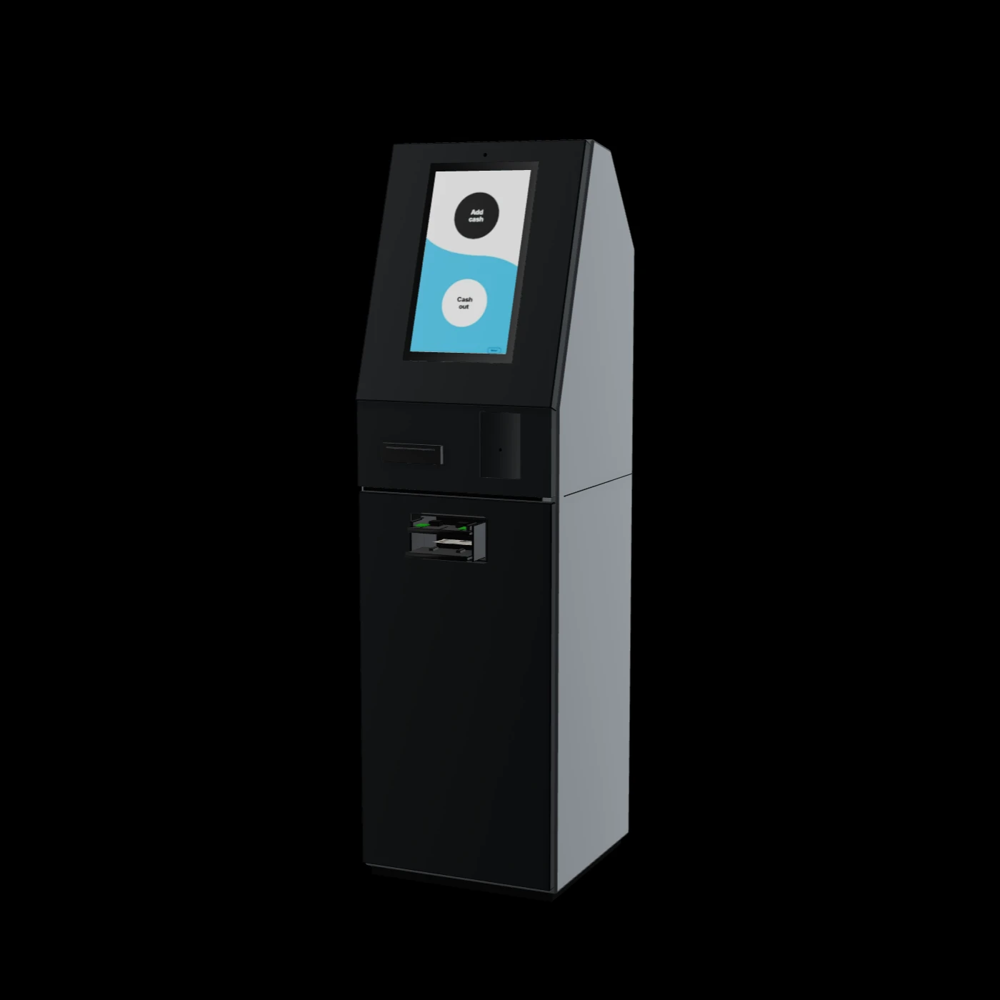 Guap Teller with a recessed screen, cash recycler, and right-hand NFC glass contact point.